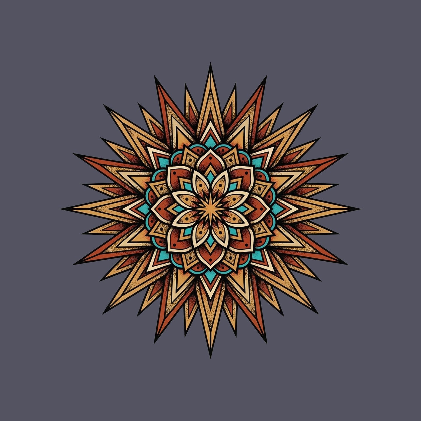 Close-up of the Desert Sun Mandala design on a Heather Navy tee