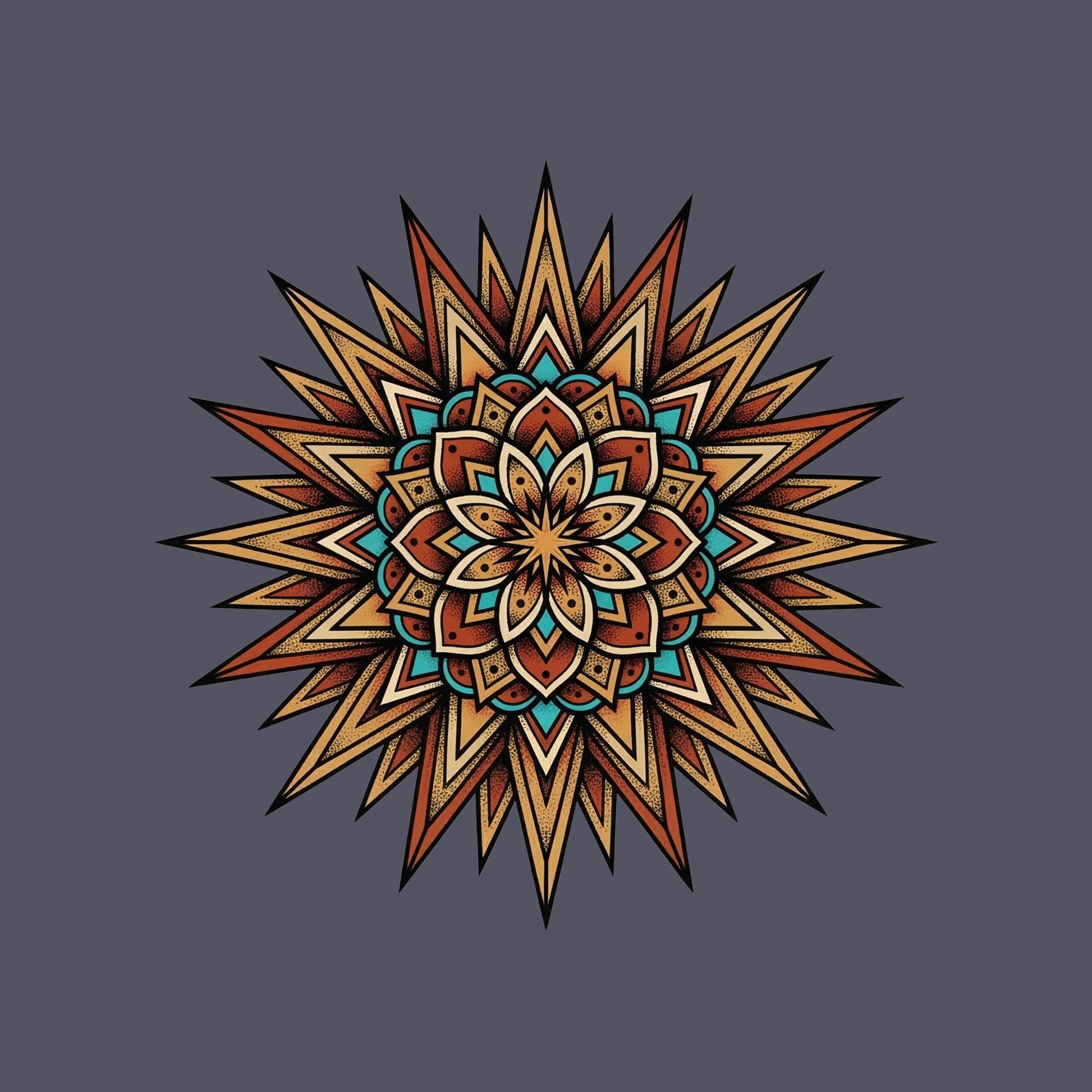 Close-up of the Desert Sun Mandala design on a Heather Navy tee