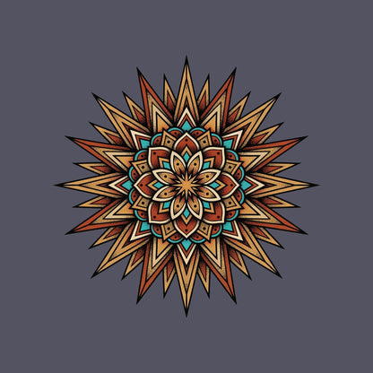 Close-up of the Desert Sun Mandala design on a Heather Navy tee