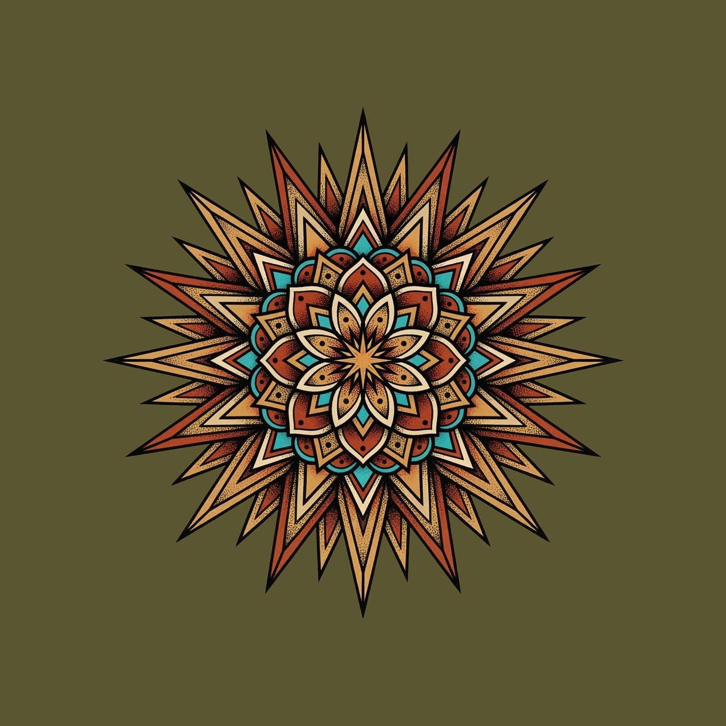 Close-up of the Turquoise Burst Mandala design on a Heather Olive tee
