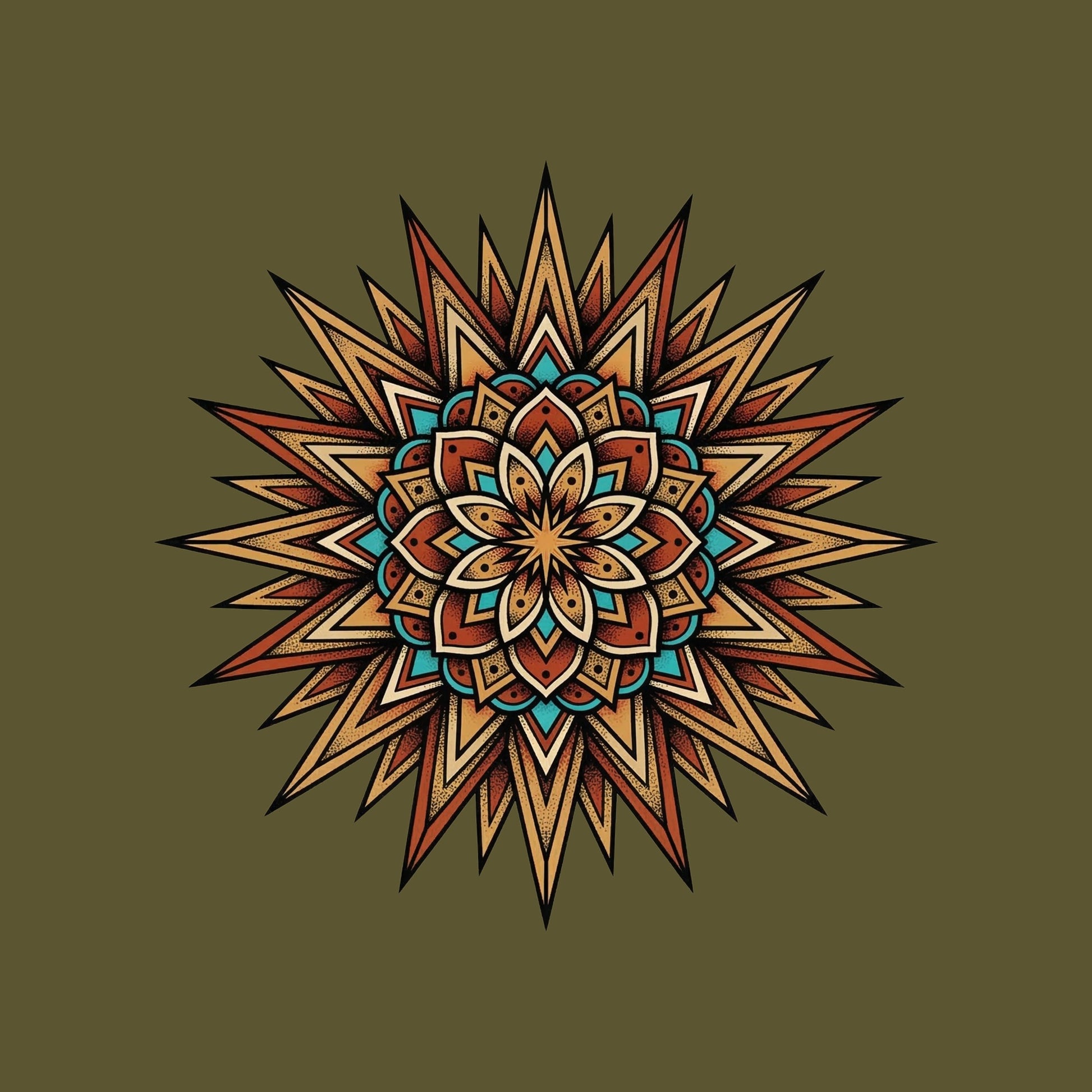 Close-up of the Turquoise Burst Mandala design on a Heather Olive tee
