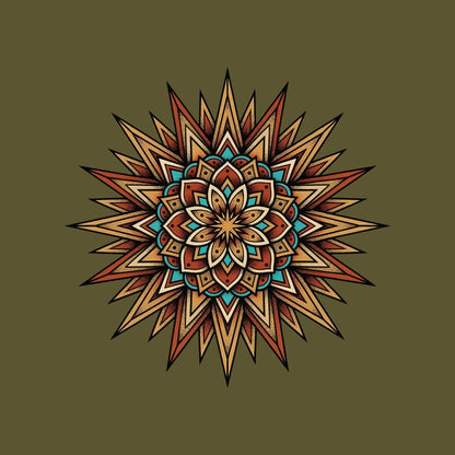 Close-up of the Turquoise Burst Mandala design on a Heather Olive tee