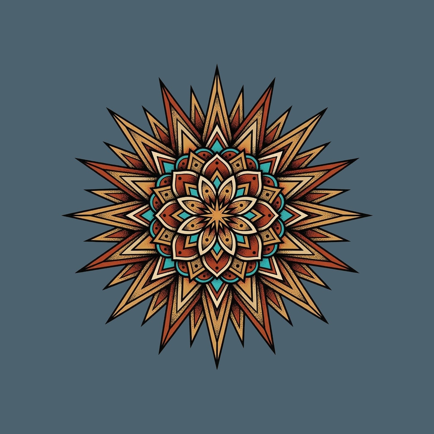 Close-up of the Turquoise Burst Mandala design on a Heather Slate tee