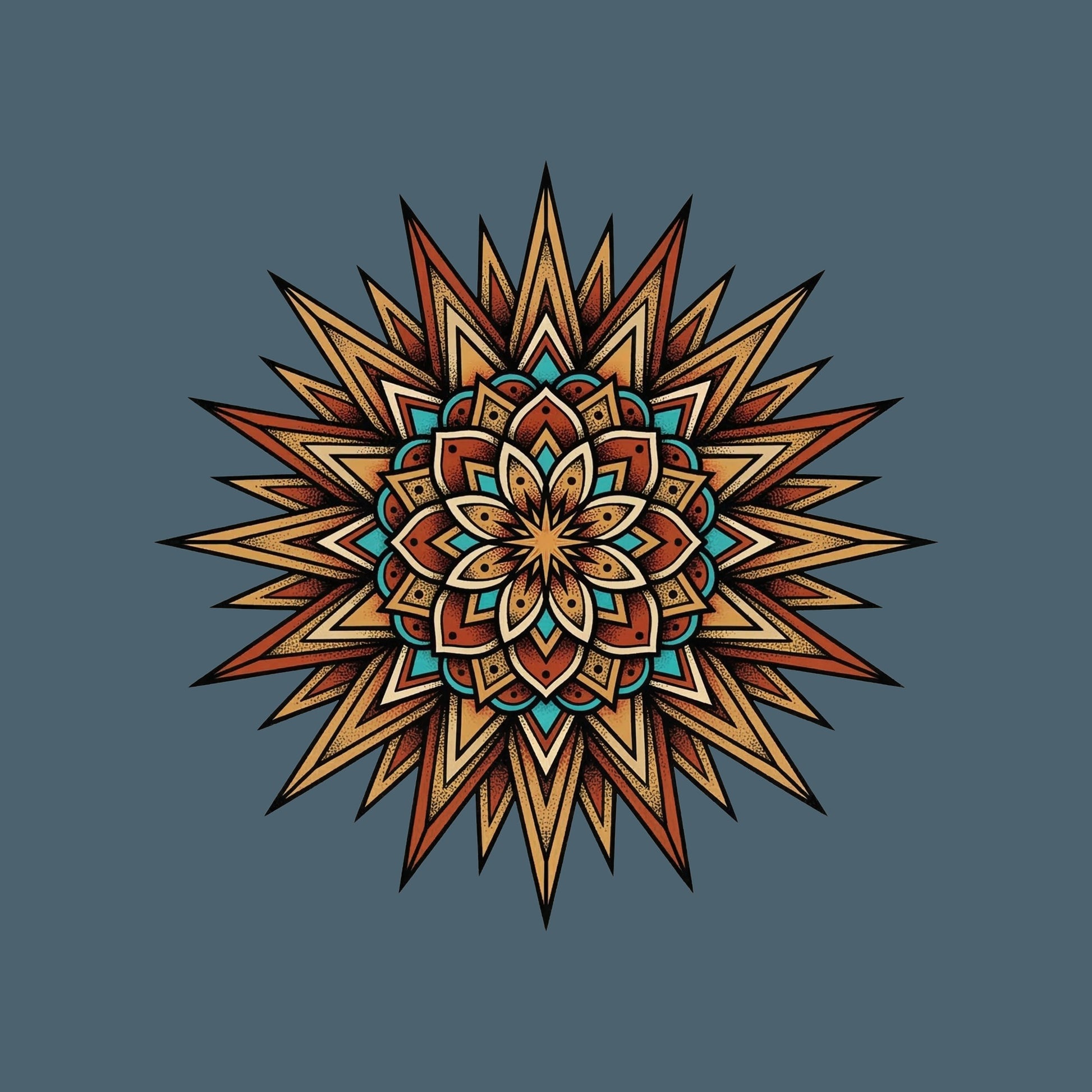 Close-up of the Turquoise Burst Mandala design on a Heather Slate tee