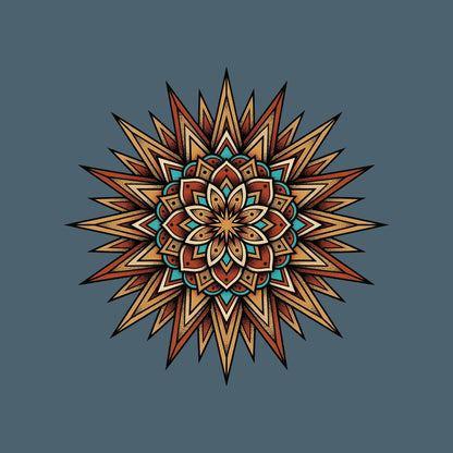 Close-up of the Turquoise Burst Mandala design on a Heather Slate tee