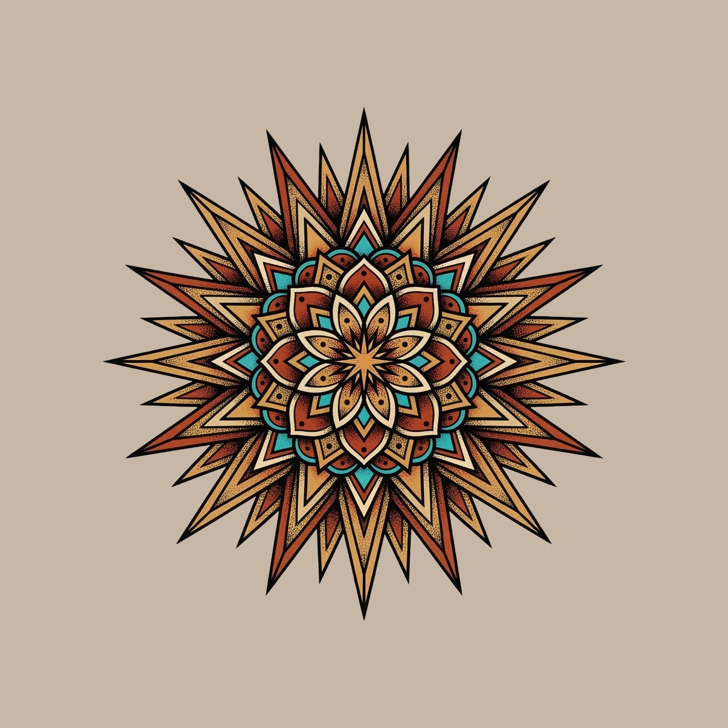 Close-up of the Desert Sun Mandala design on a Heather Stone tee