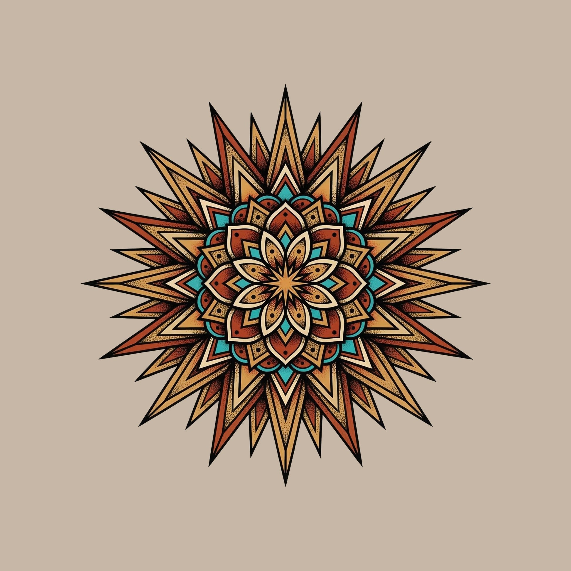 Close-up of the Desert Sun Mandala design on a Heather Stone tee