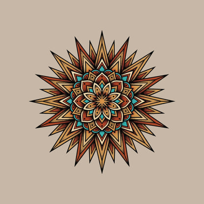 Close-up of the Desert Sun Mandala design on a Heather Stone tee