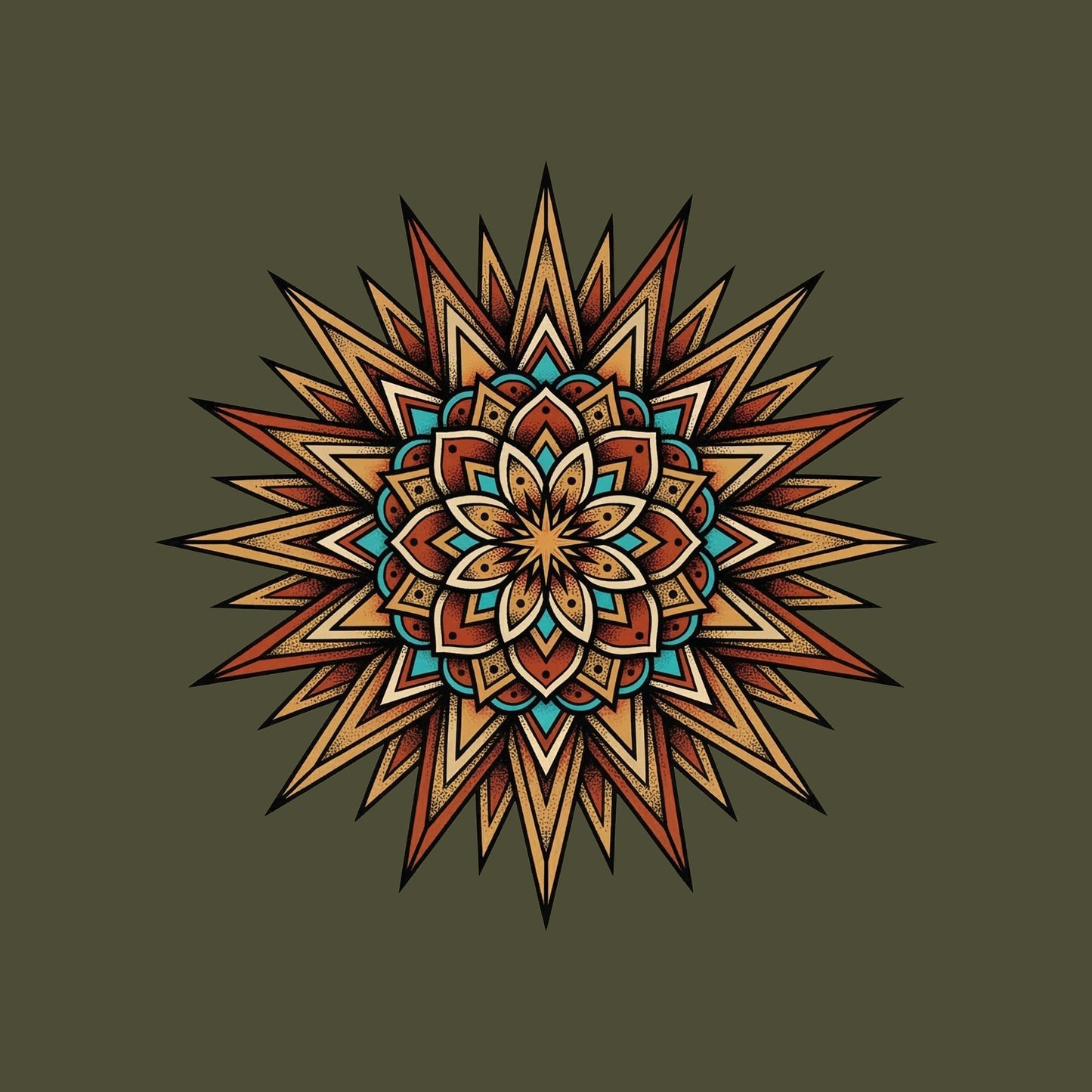 Close-up of the Turquoise Burst Mandala design on a Military Green tee