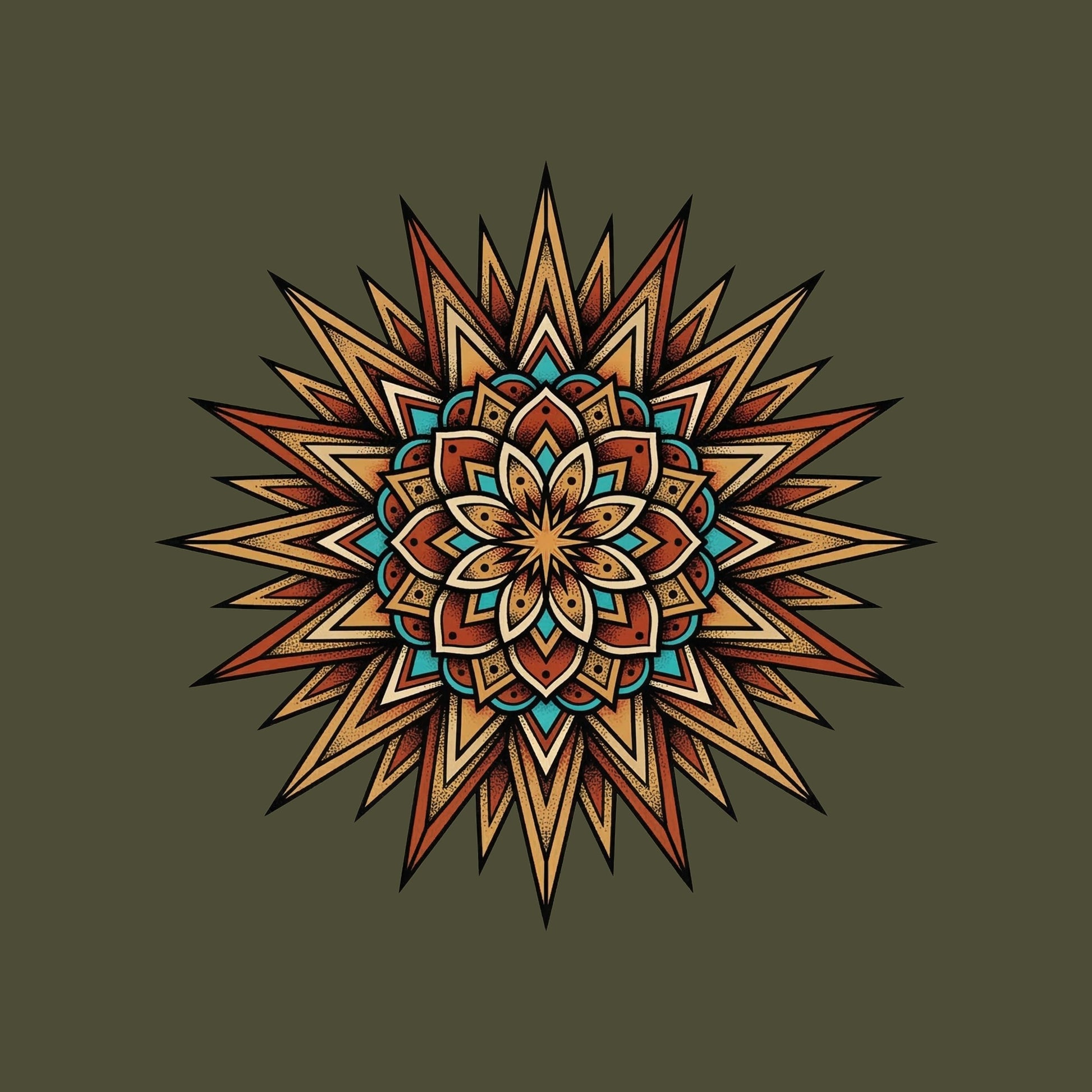 Close-up of the Turquoise Burst Mandala design on a Military Green tee