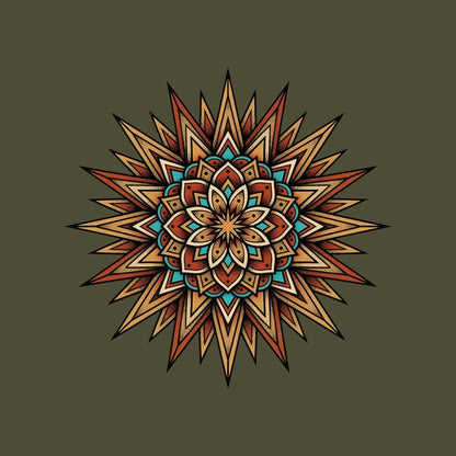 Close-up of the Turquoise Burst Mandala design on a Military Green tee