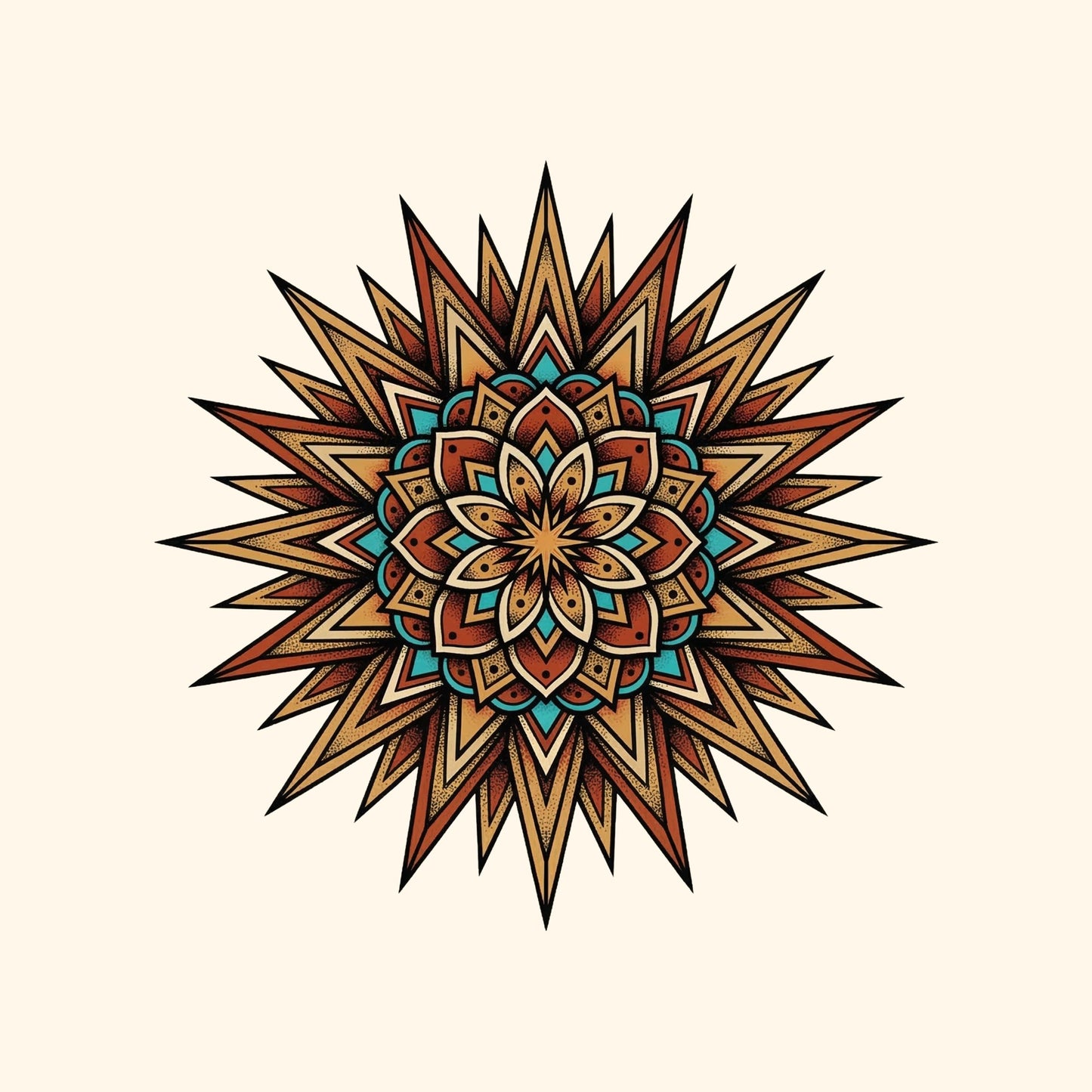 Close-up of the Desert Sun Mandala design on a Natural tee