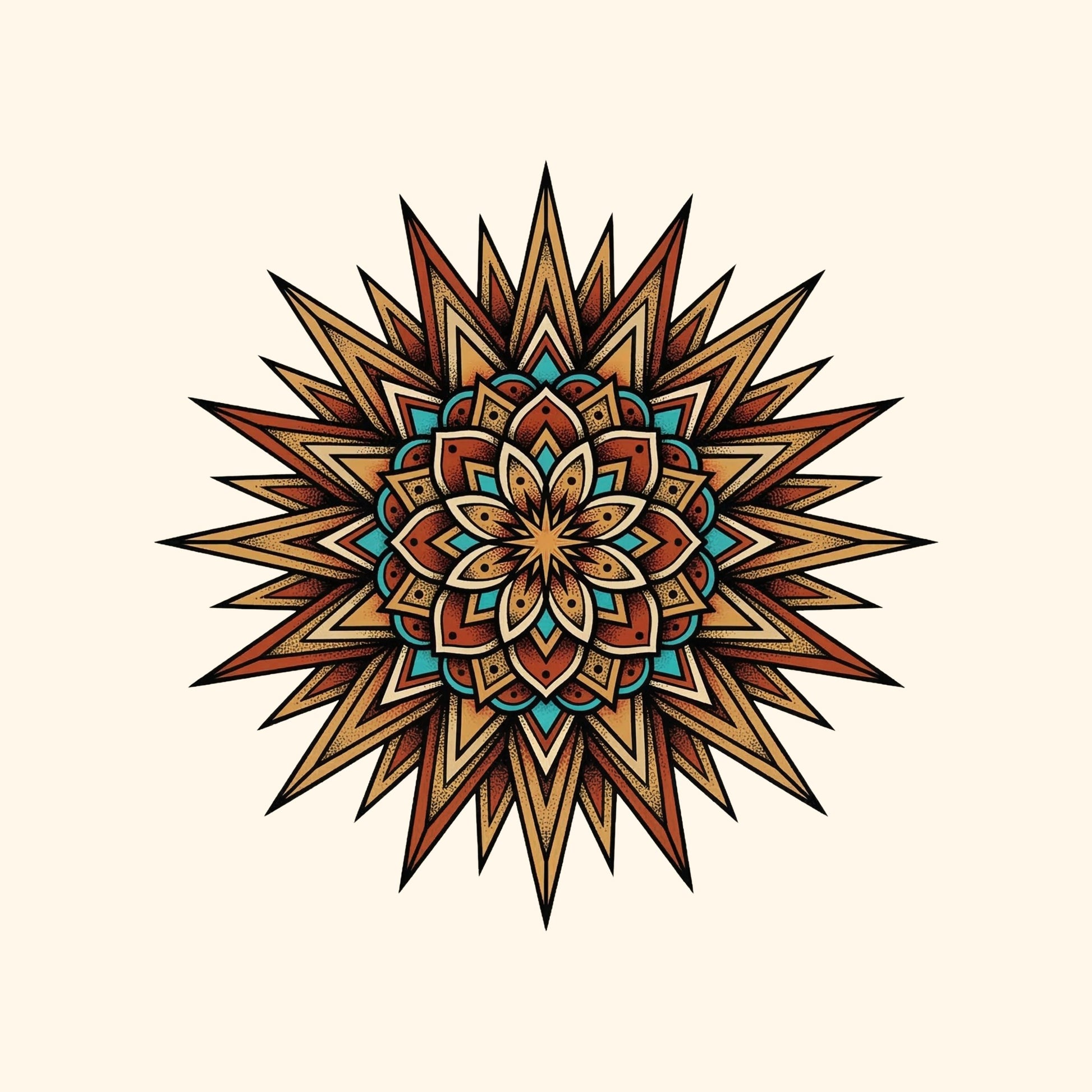 Close-up of the Desert Sun Mandala design on a Natural tee