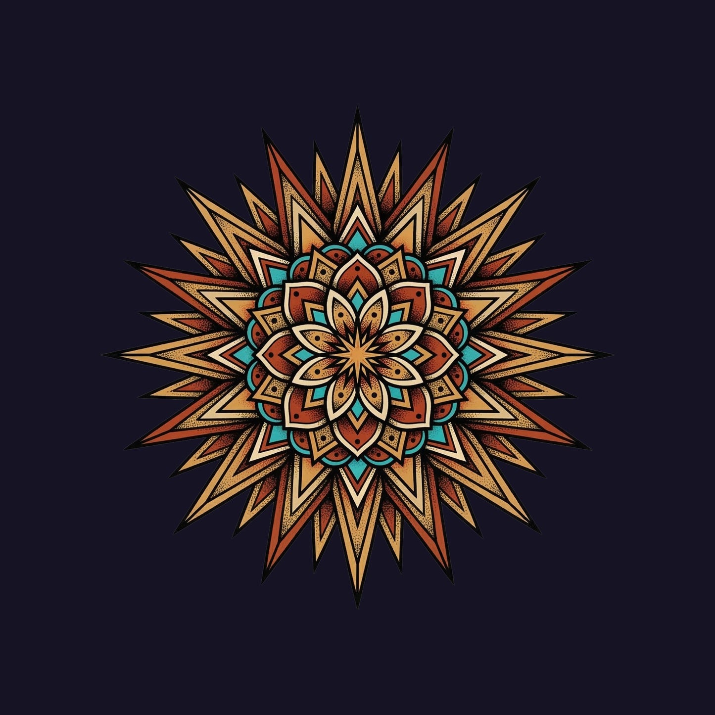 Close-up of the Desert Sun Mandala design on a Navy tee