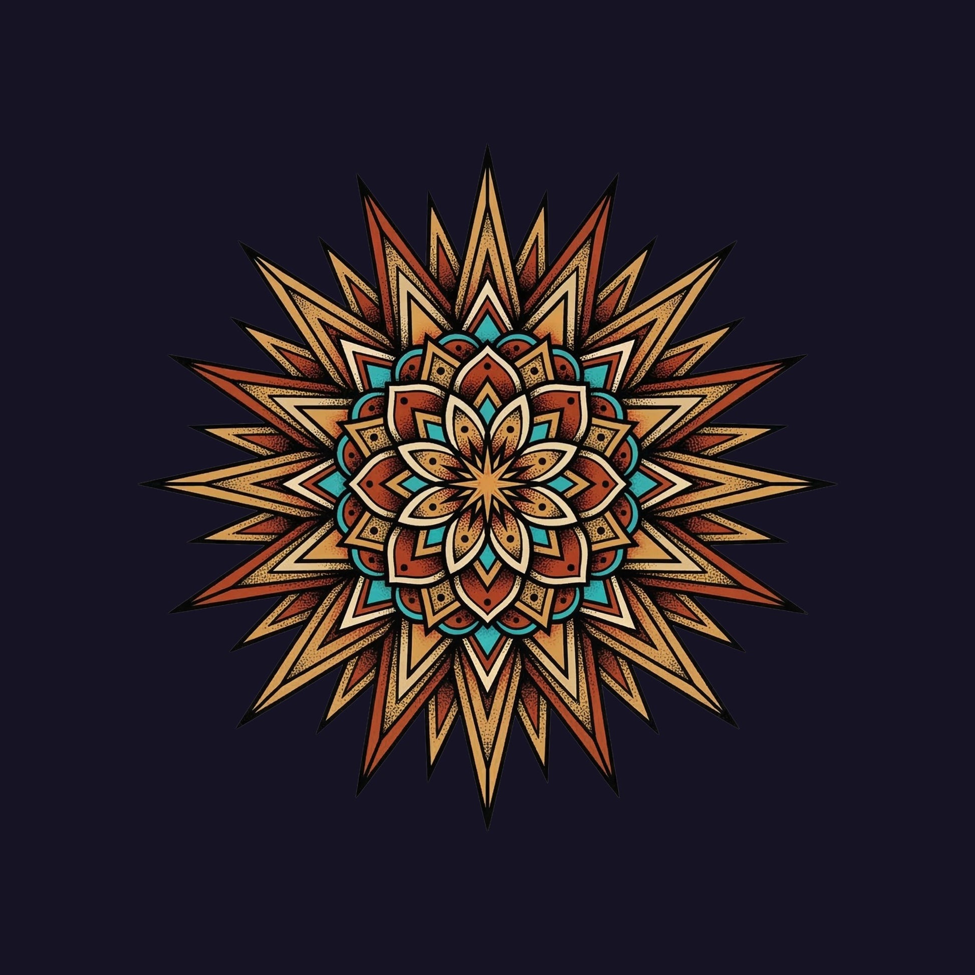 Close-up of the Desert Sun Mandala design on a Navy tee