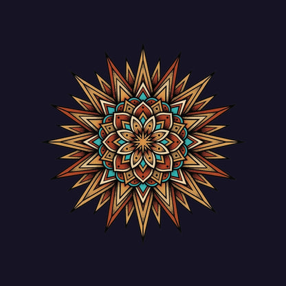 Close-up of the Desert Sun Mandala design on a Navy tee
