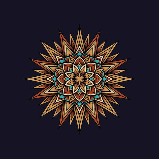 Close-up of the Desert Sun Mandala design on a Navy tee