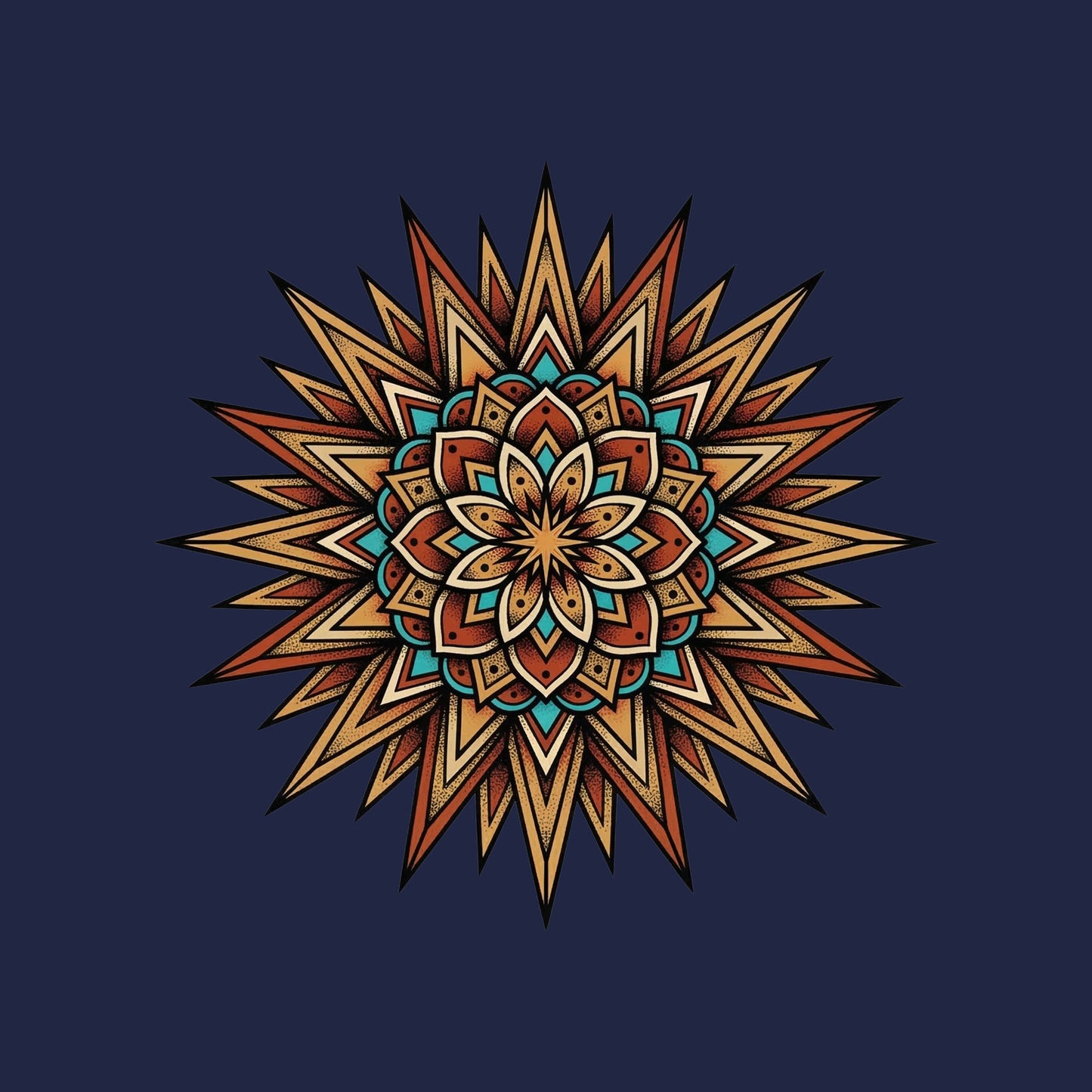 Close-up of the Turquoise Burst Mandala design on a Navy tee