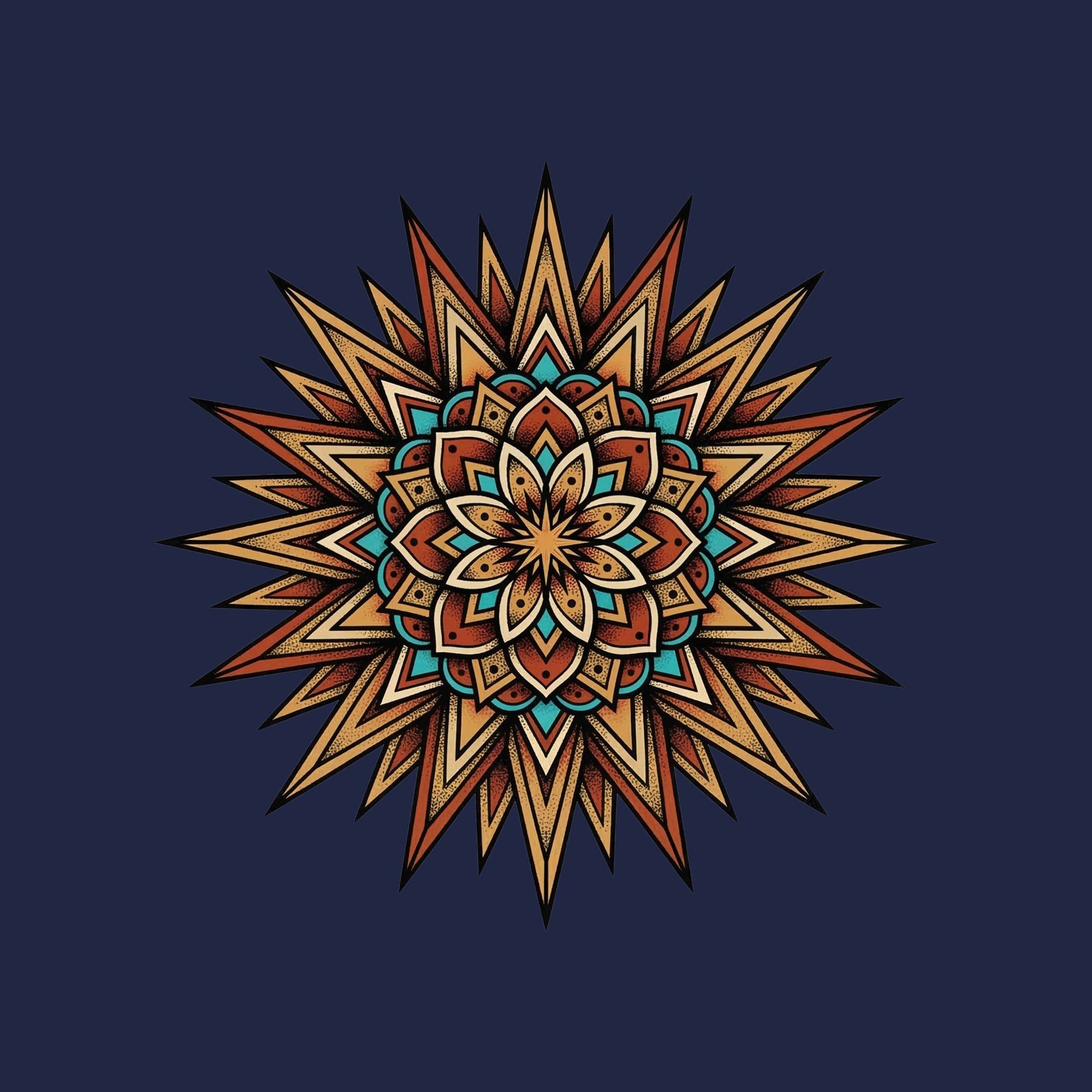 Close-up of the Turquoise Burst Mandala design on a Navy tee