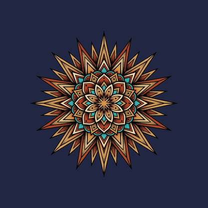 Close-up of the Turquoise Burst Mandala design on a Navy tee