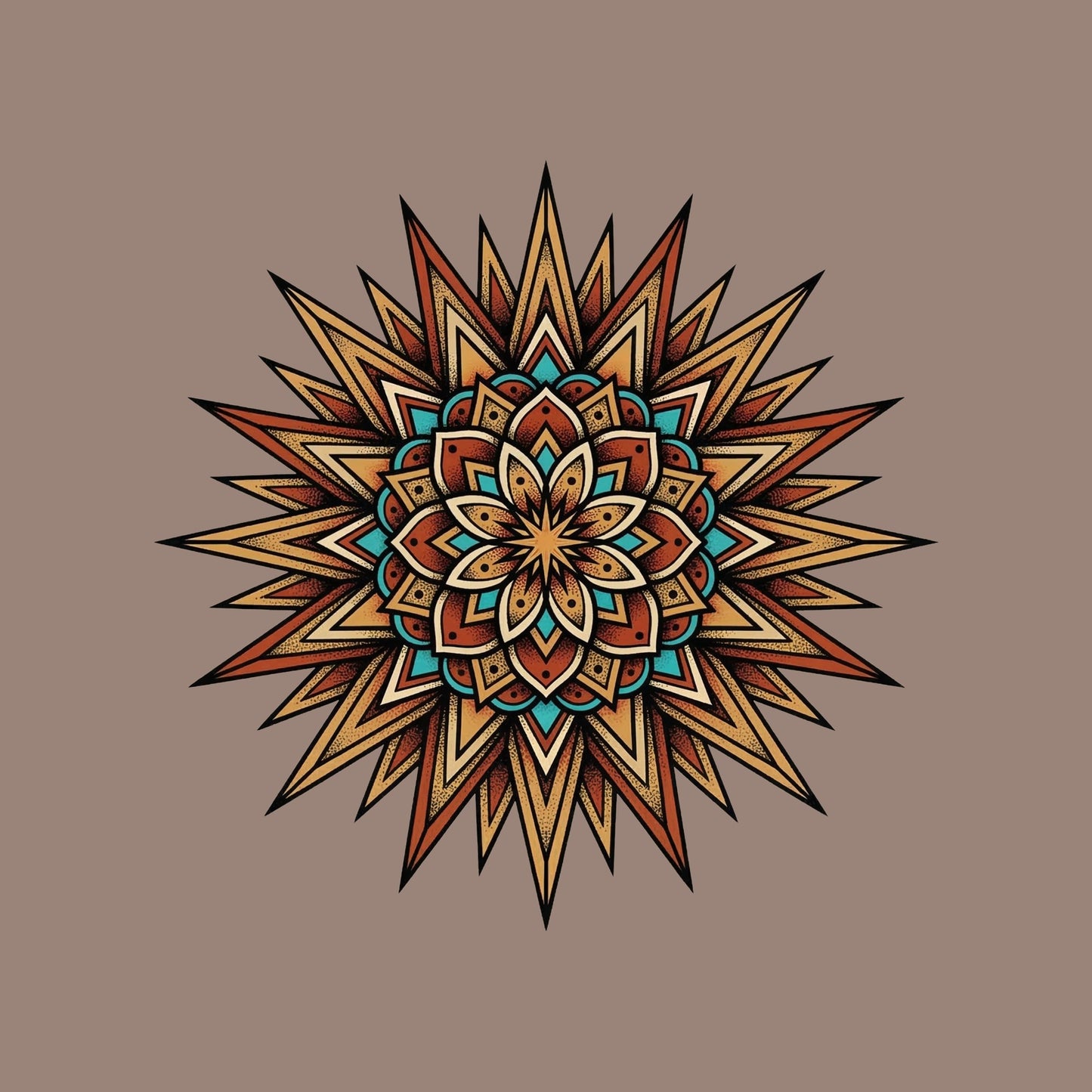 Close-up of the Turquoise Burst Mandala design on a Pebble tee