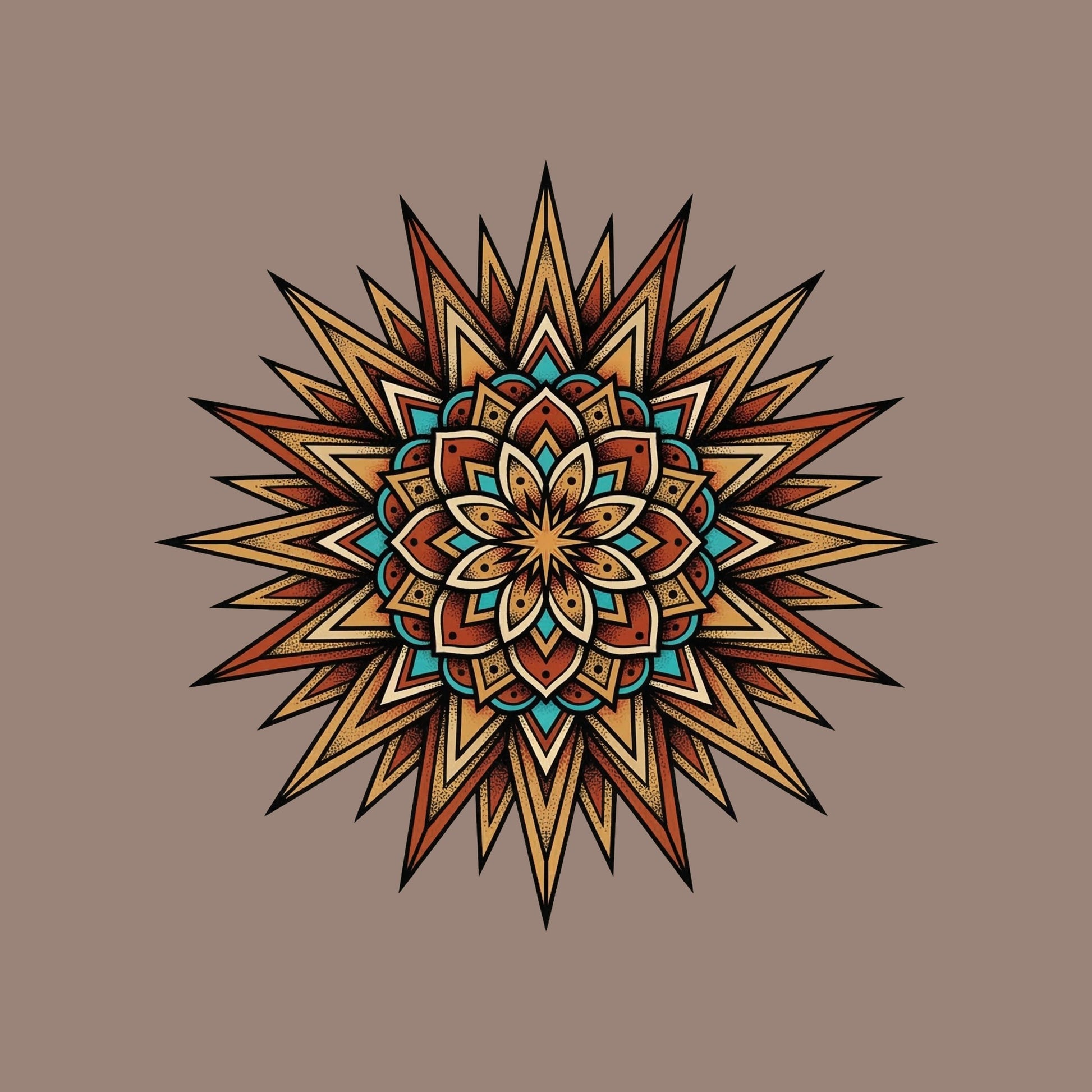 Close-up of the Turquoise Burst Mandala design on a Pebble tee