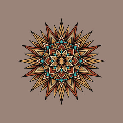 Close-up of the Turquoise Burst Mandala design on a Pebble tee