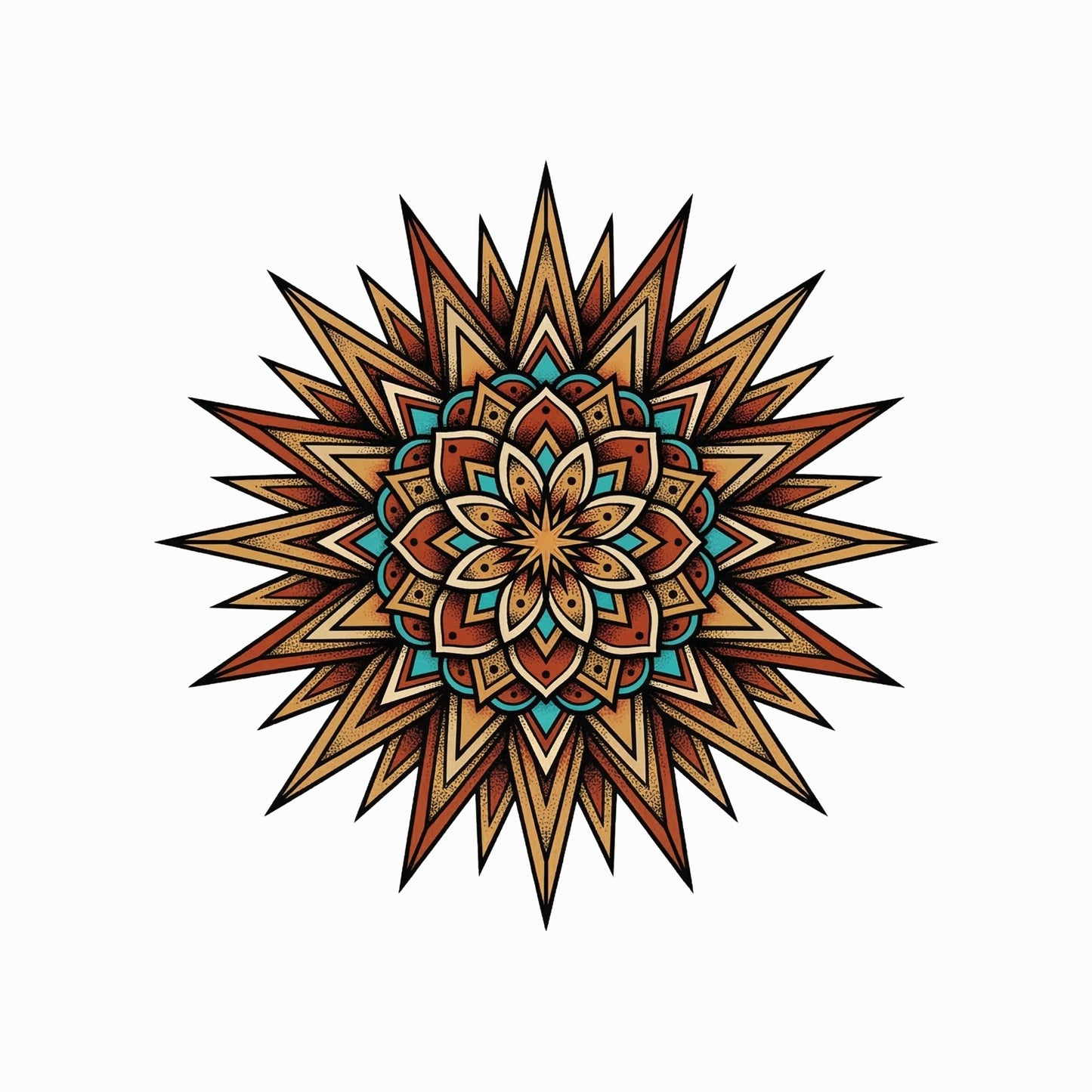 Close-up of the Turquoise Burst Mandala design on a Solid White Blend tee