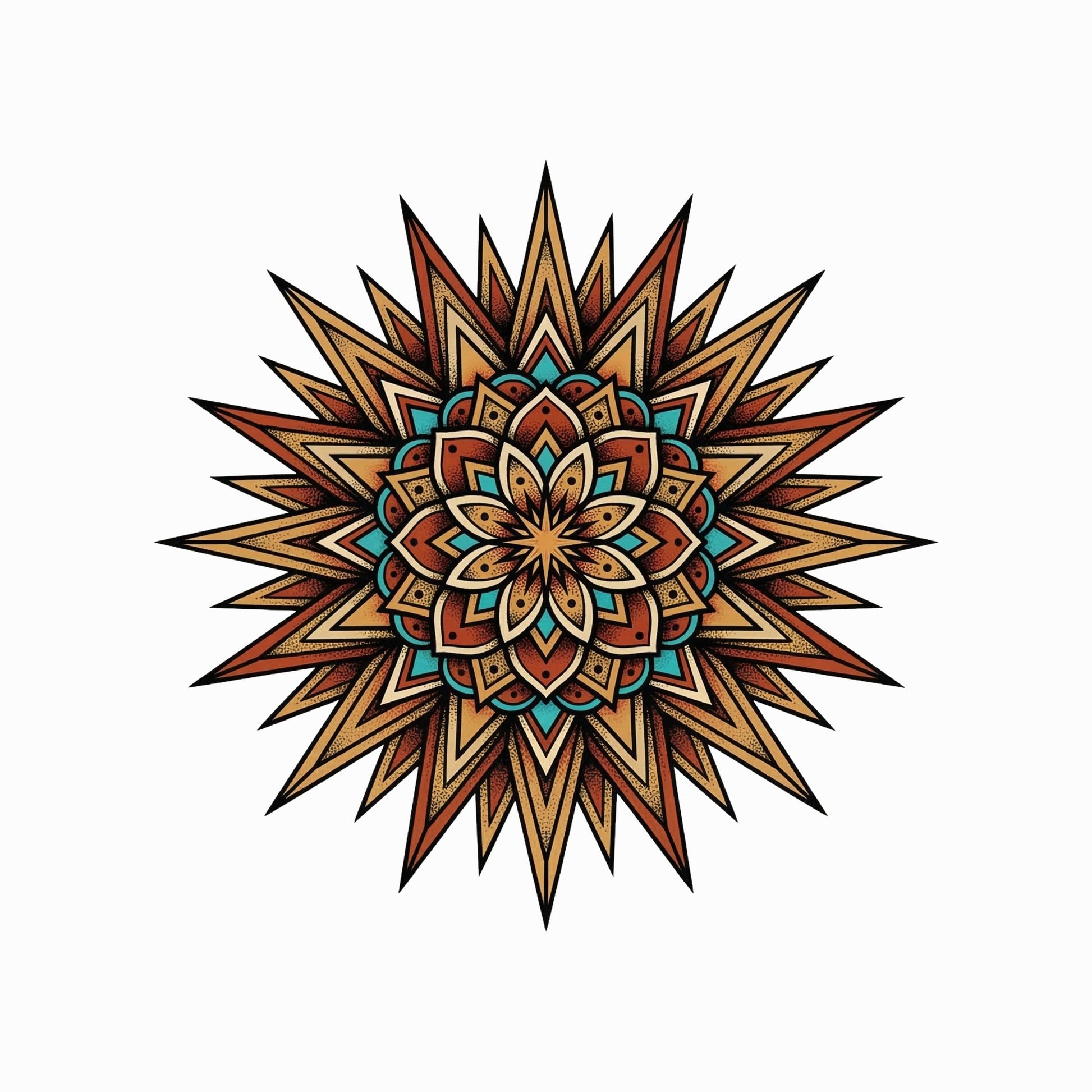 Close-up of the Turquoise Burst Mandala design on a Solid White Blend tee