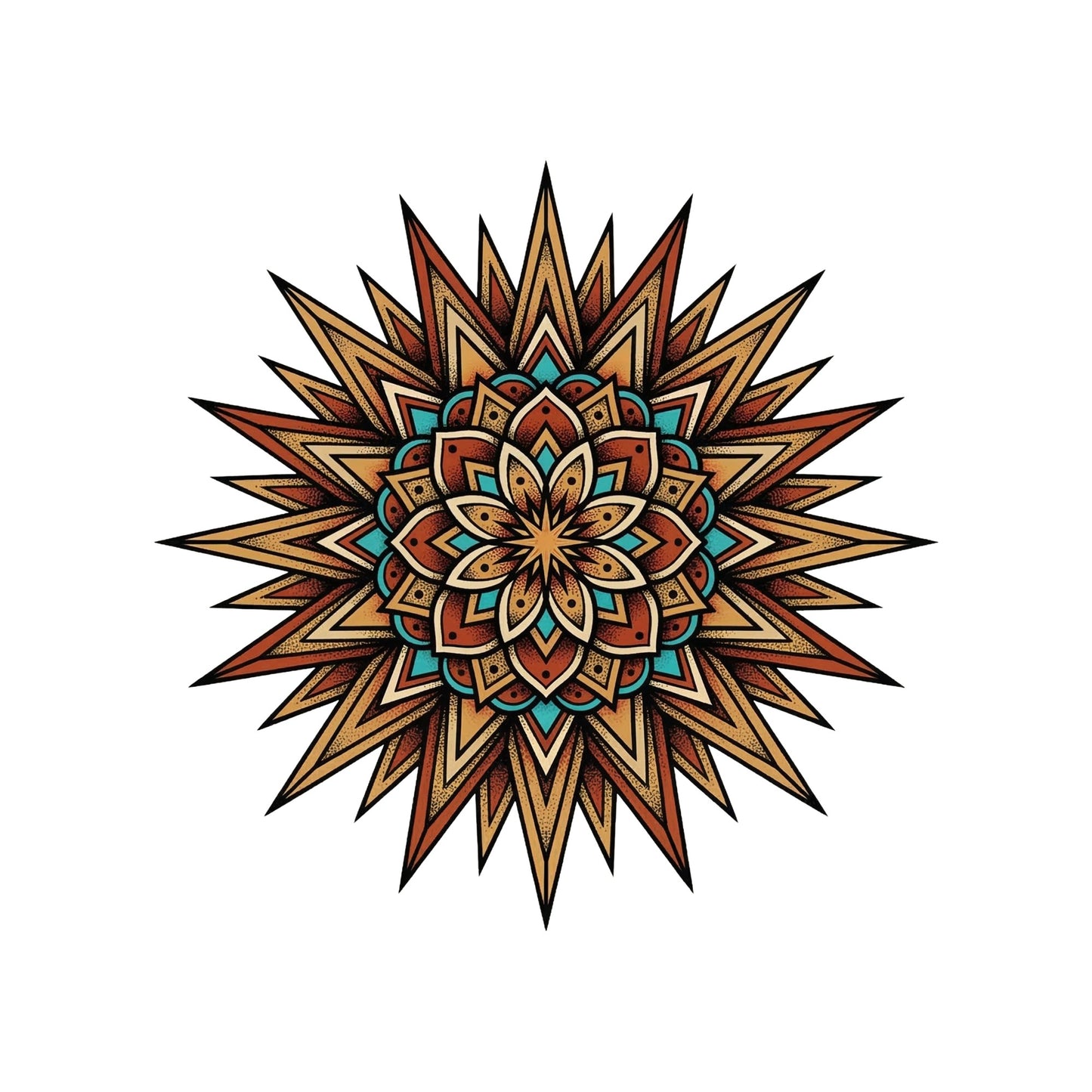 Close-up of the Desert Sun Mandala design on a White tee