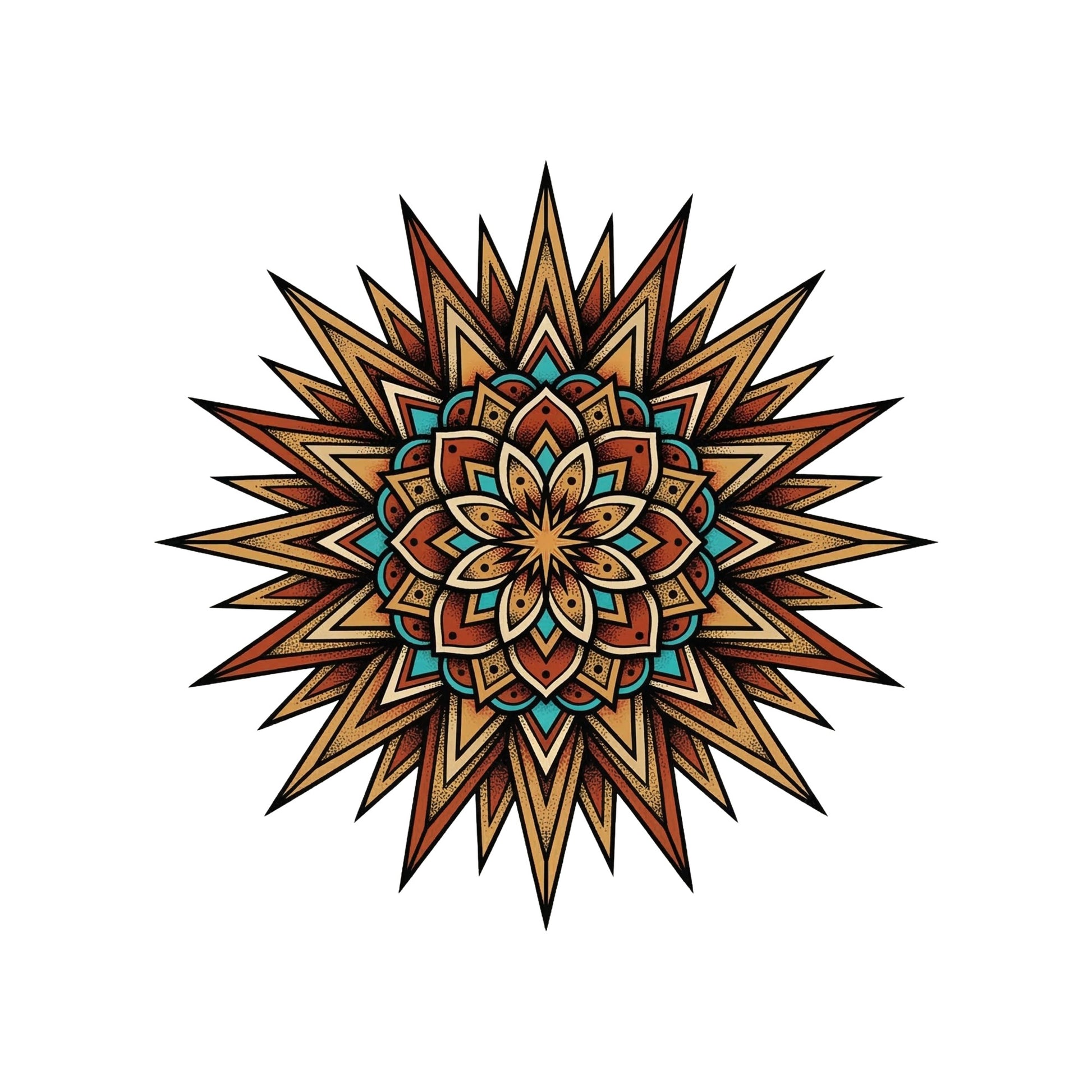 Close-up of the Desert Sun Mandala design on a White tee
