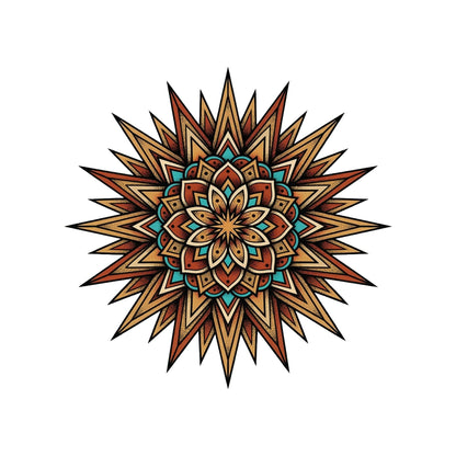 Close-up of the Desert Sun Mandala design on a White tee