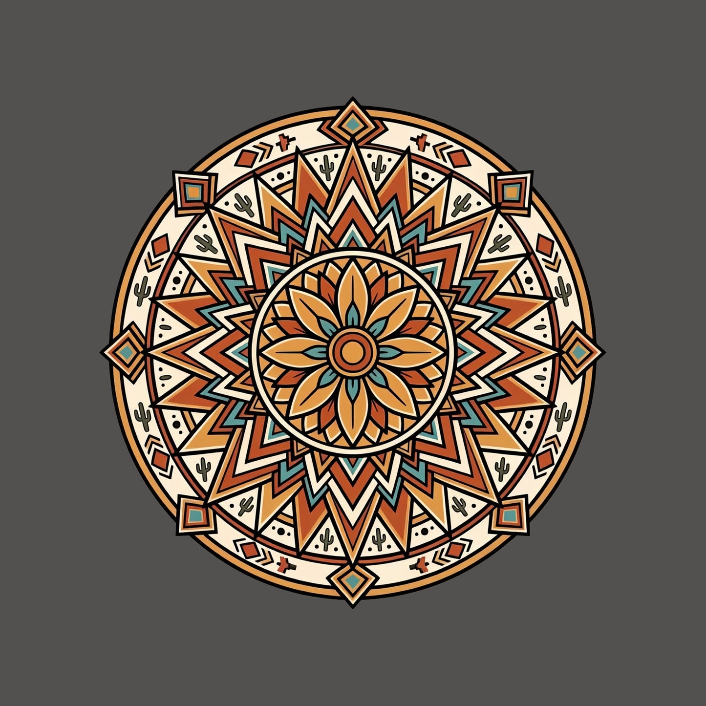 Close-up of the Desert Sunburst Mandala design on an Asphalt tee