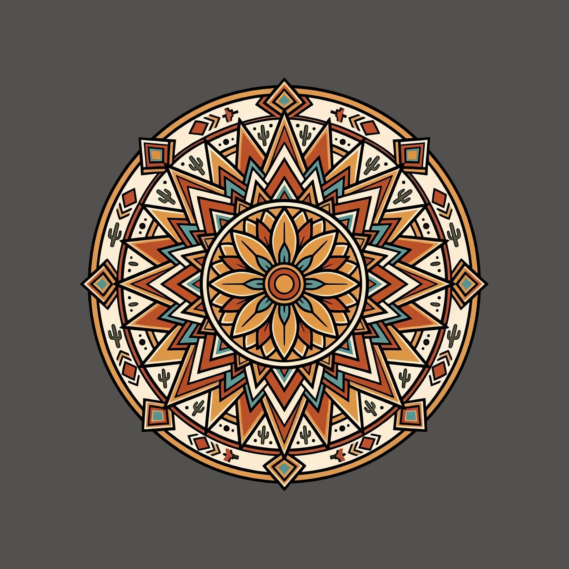 Close-up of the Desert Sunburst Mandala design on an Asphalt tee