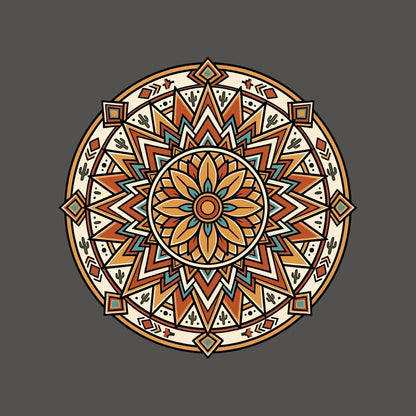 Close-up of the Desert Sunburst Mandala design on an Asphalt tee