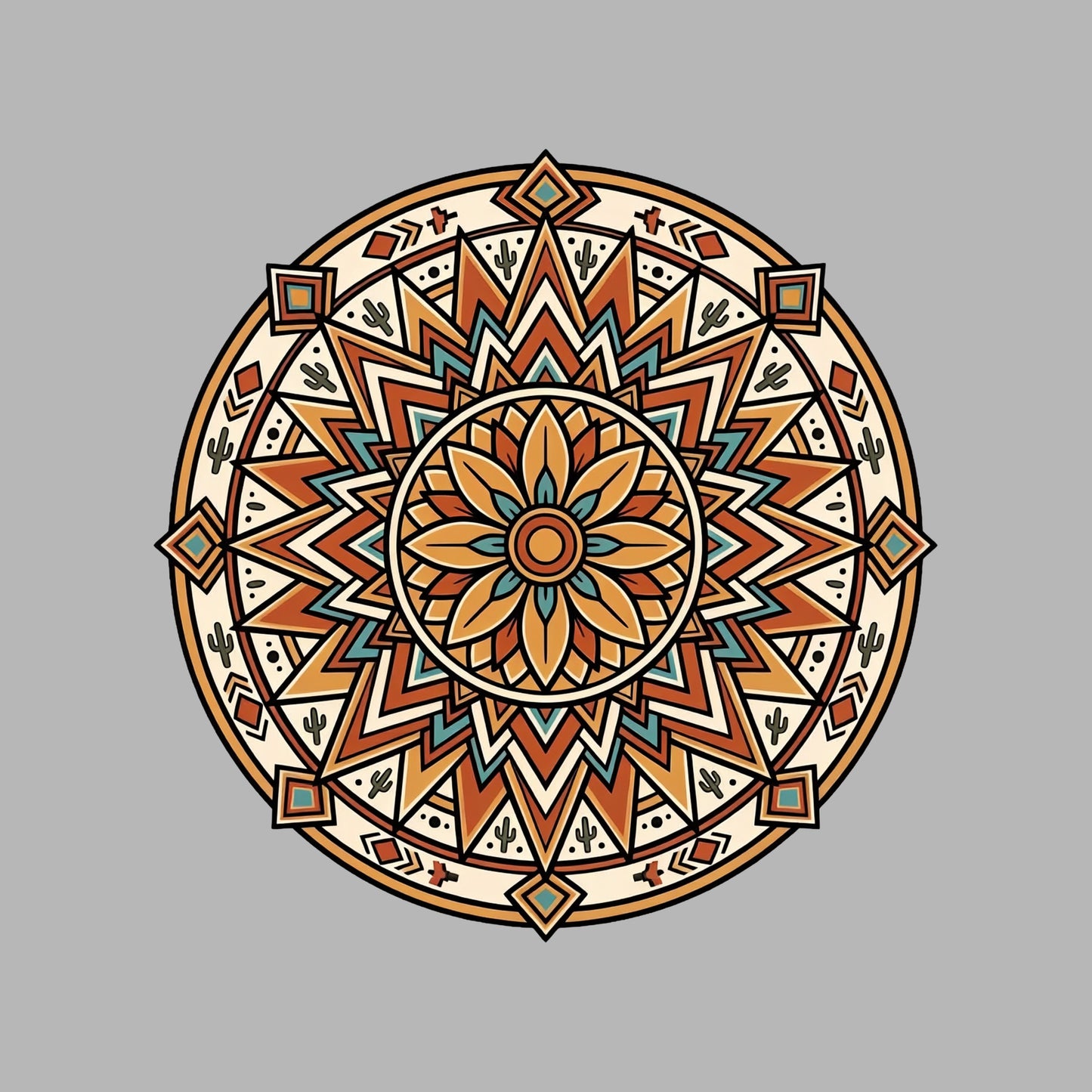 Close-up of the Desert Bloom Mandala design on an Athletic Heather tee