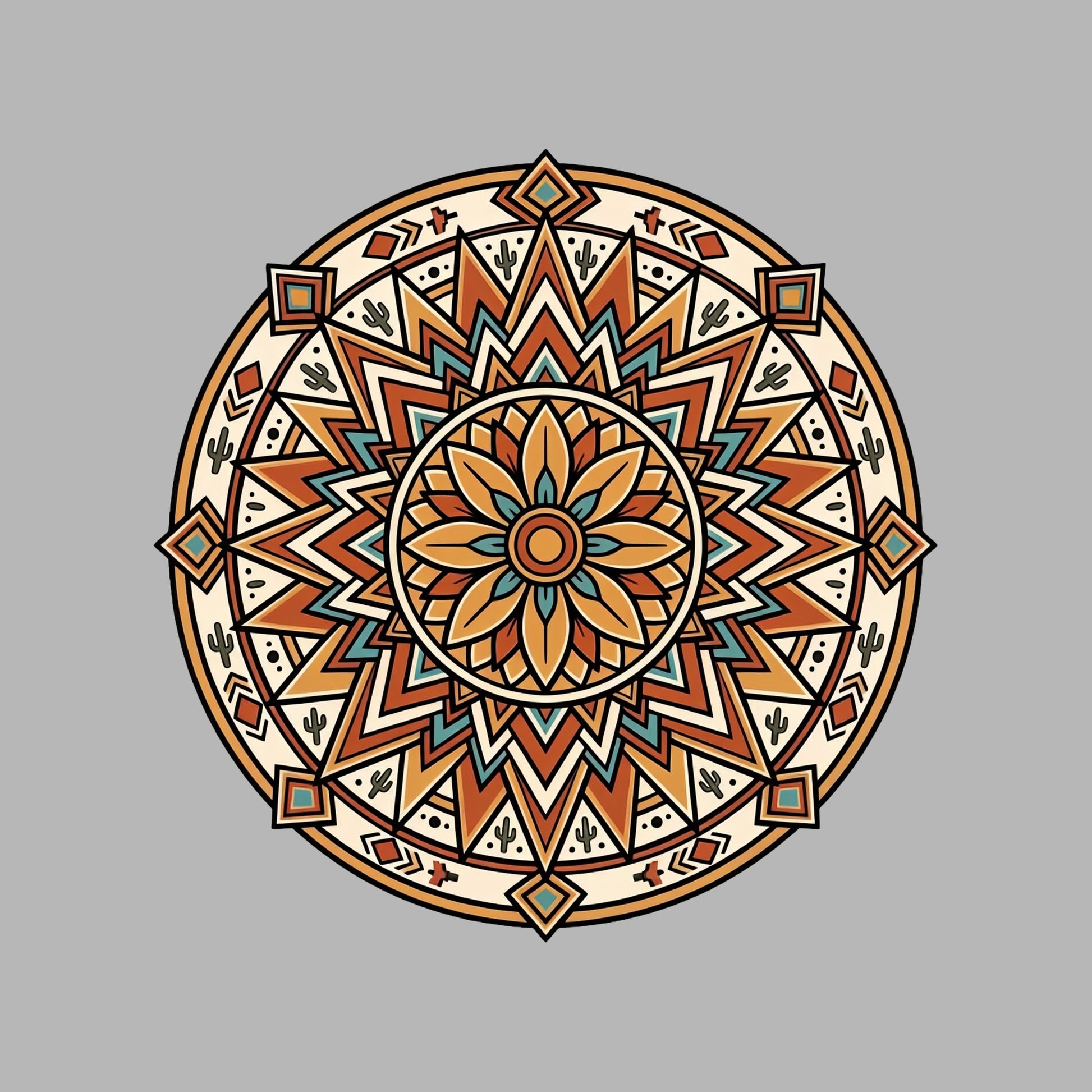 Close-up of the Desert Bloom Mandala design on an Athletic Heather tee