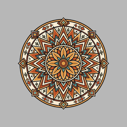 Close-up of the Desert Bloom Mandala design on an Athletic Heather tee