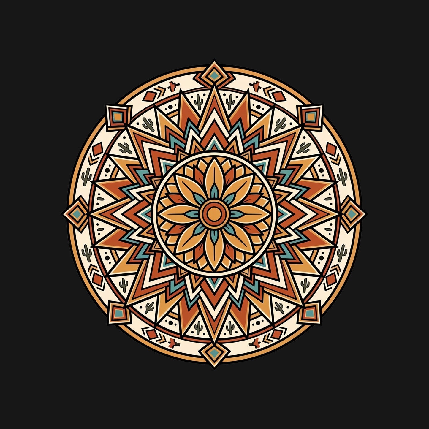 Close-up of the Desert Bloom Mandala design on a Black tee
