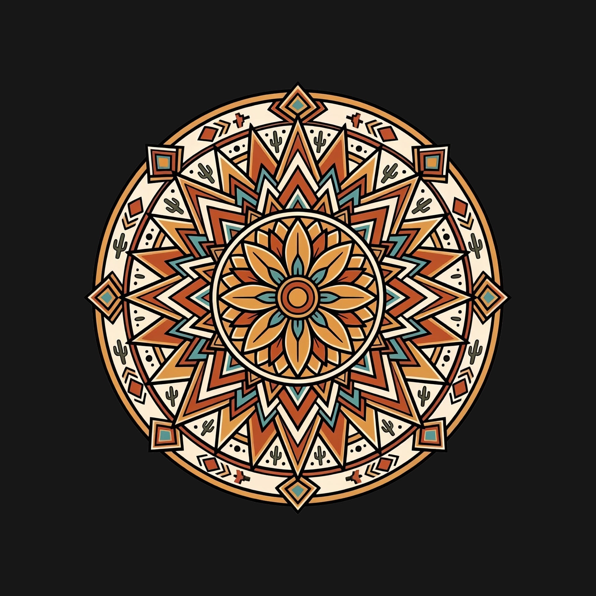 Close-up of the Desert Bloom Mandala design on a Black tee