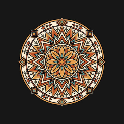 Close-up of the Desert Bloom Mandala design on a Black tee