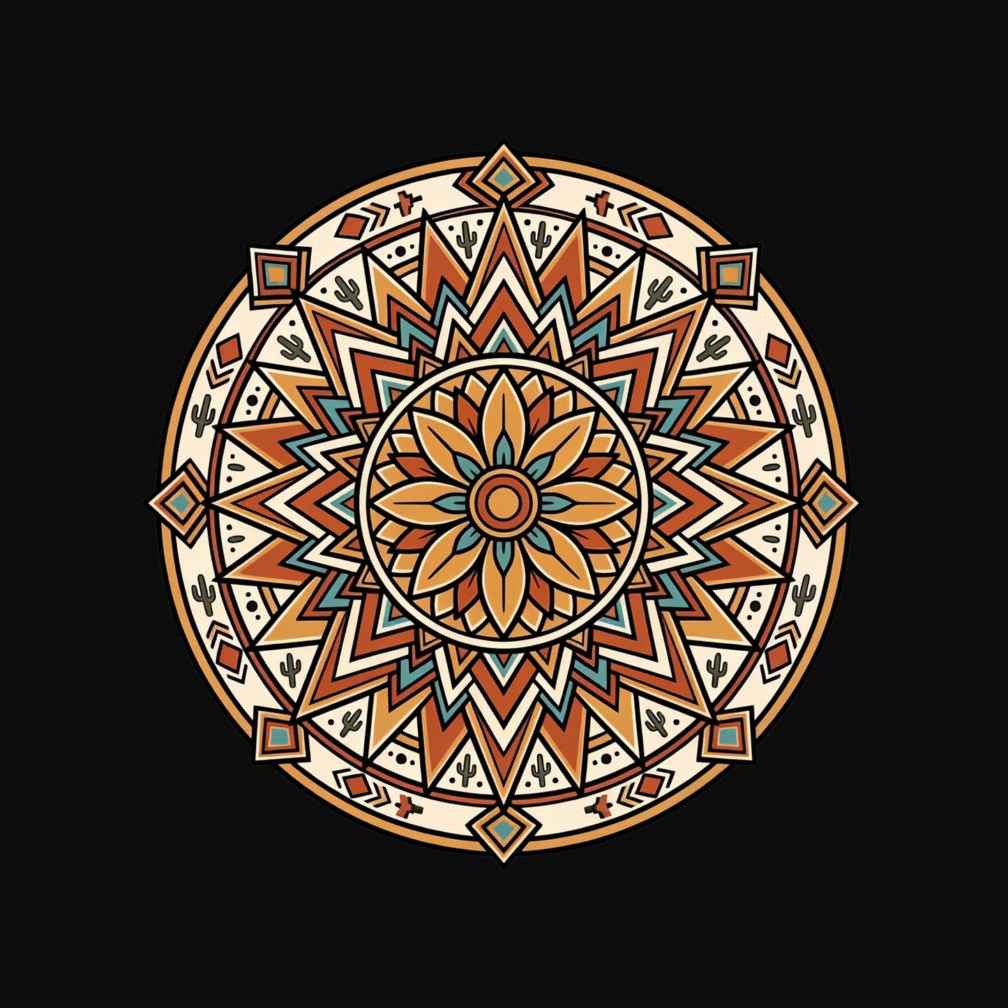 Close-up of the Desert Sunburst Mandala design on a Black tee