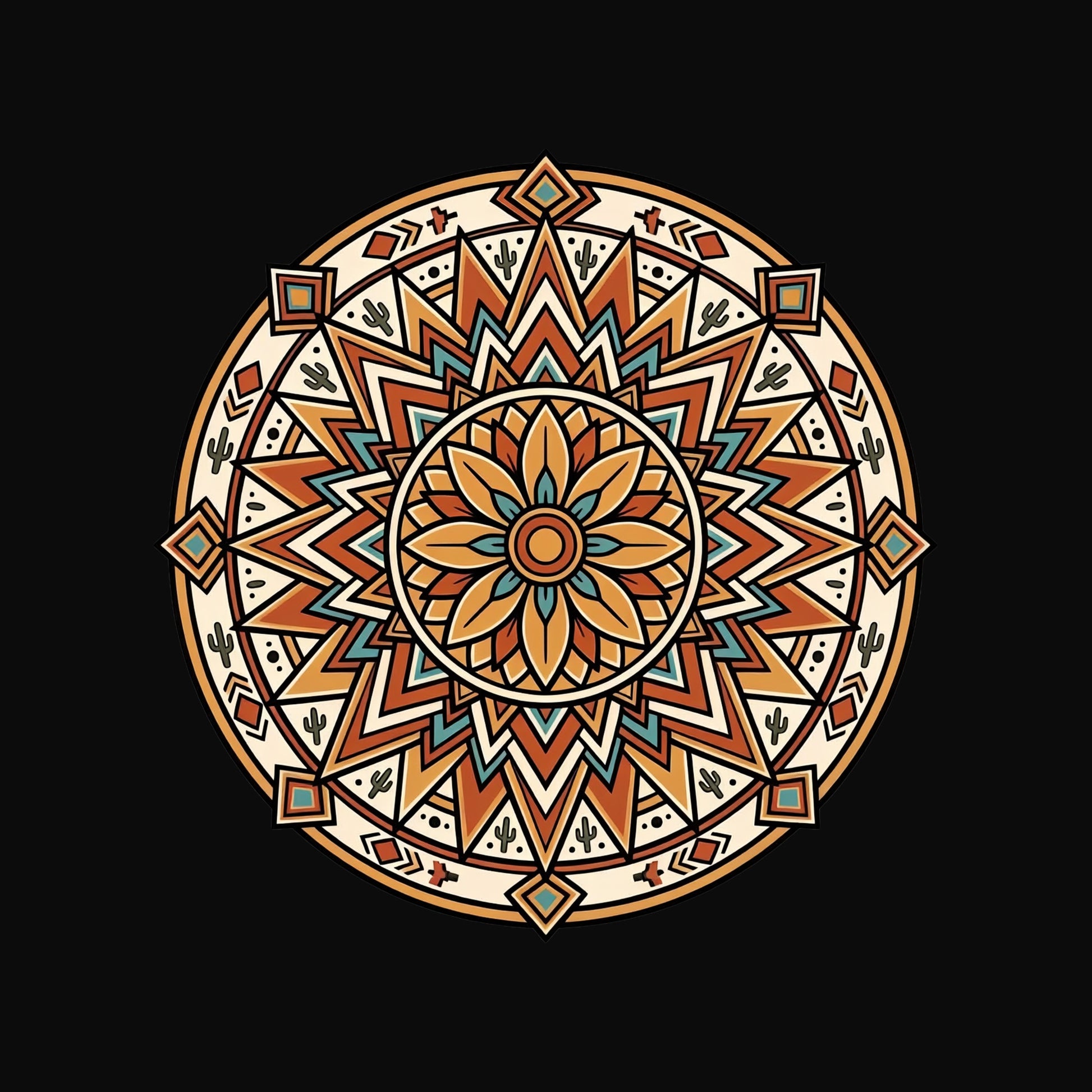 Close-up of the Desert Sunburst Mandala design on a Black tee