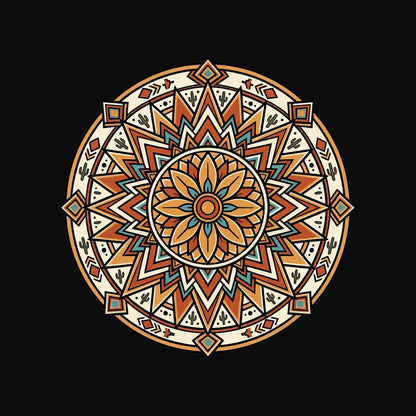 Close-up of the Desert Sunburst Mandala design on a Black tee