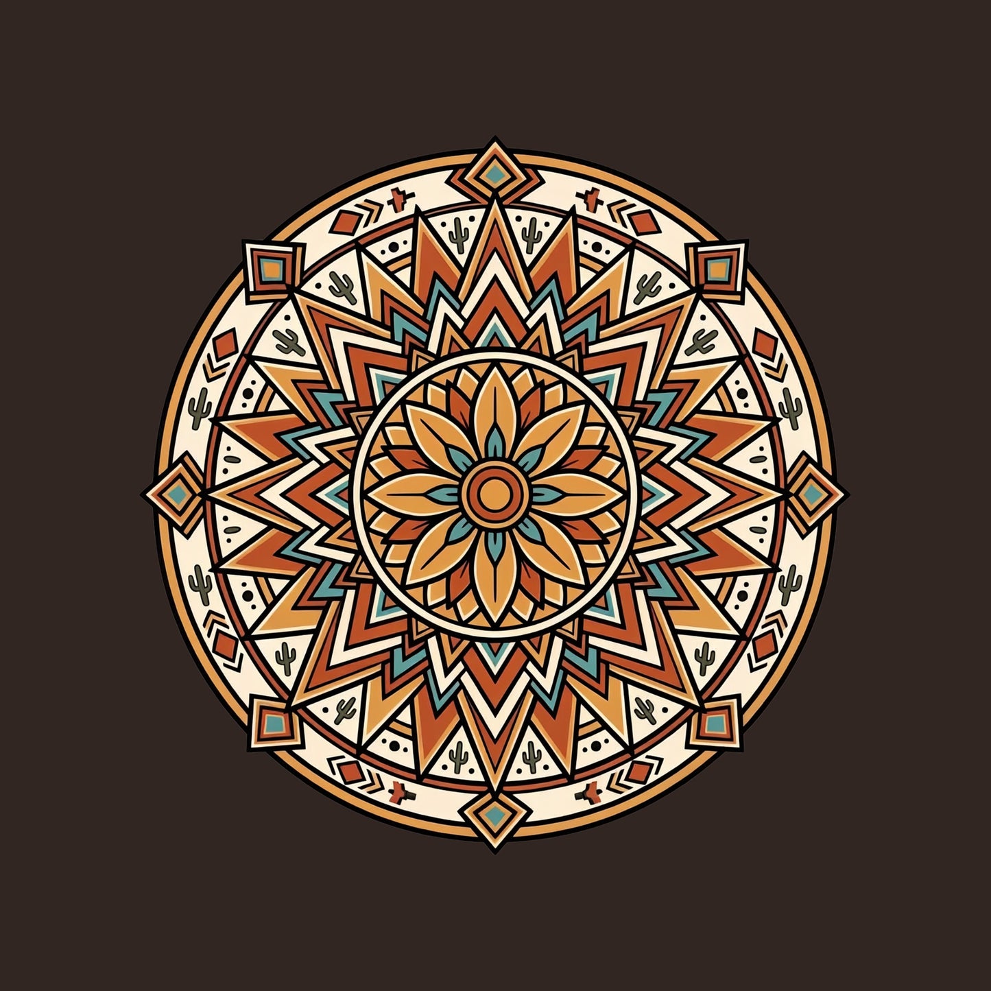 Close-up of the Desert Sunburst Mandala design on a Brown tee