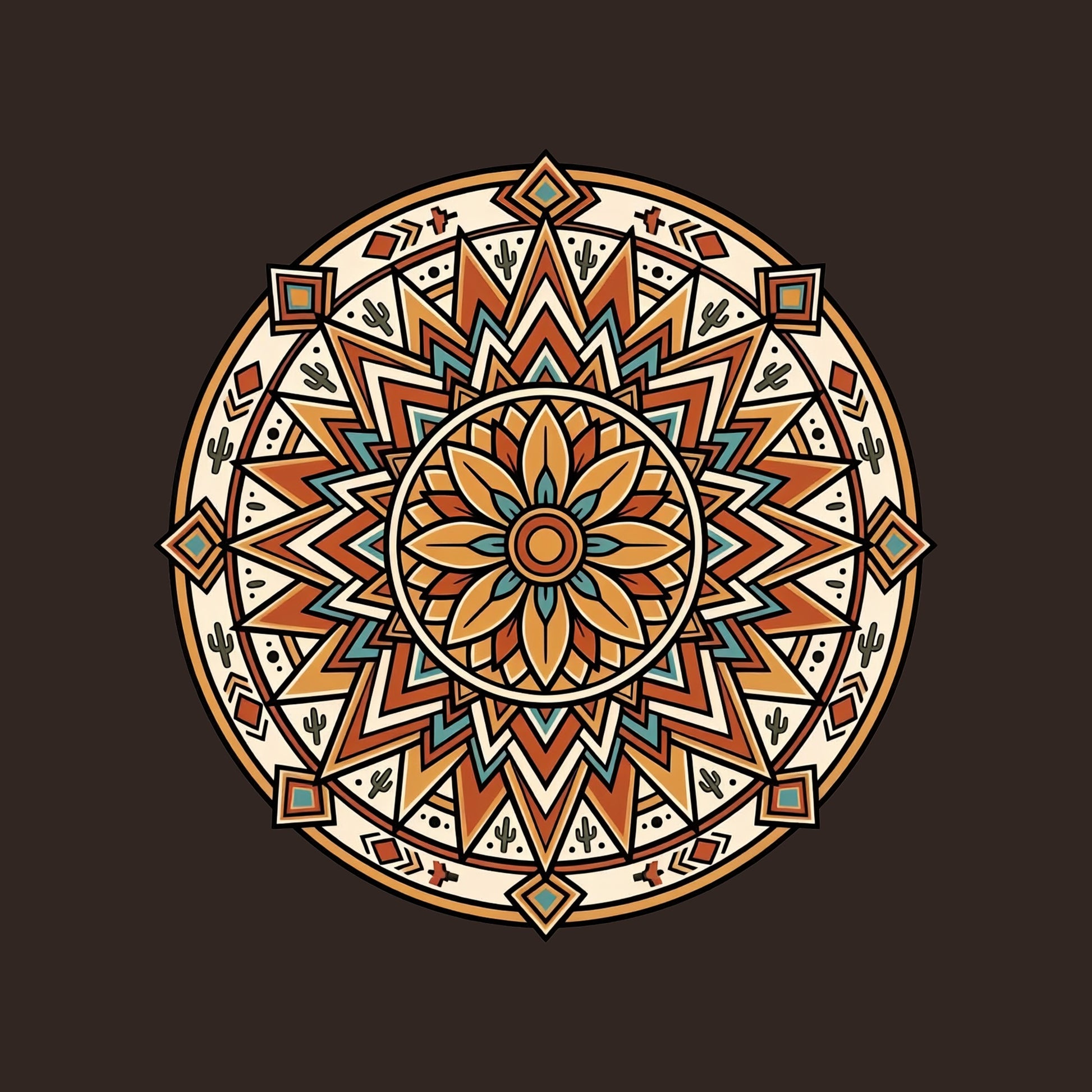 Close-up of the Desert Sunburst Mandala design on a Brown tee