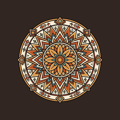 Close-up of the Desert Sunburst Mandala design on a Brown tee