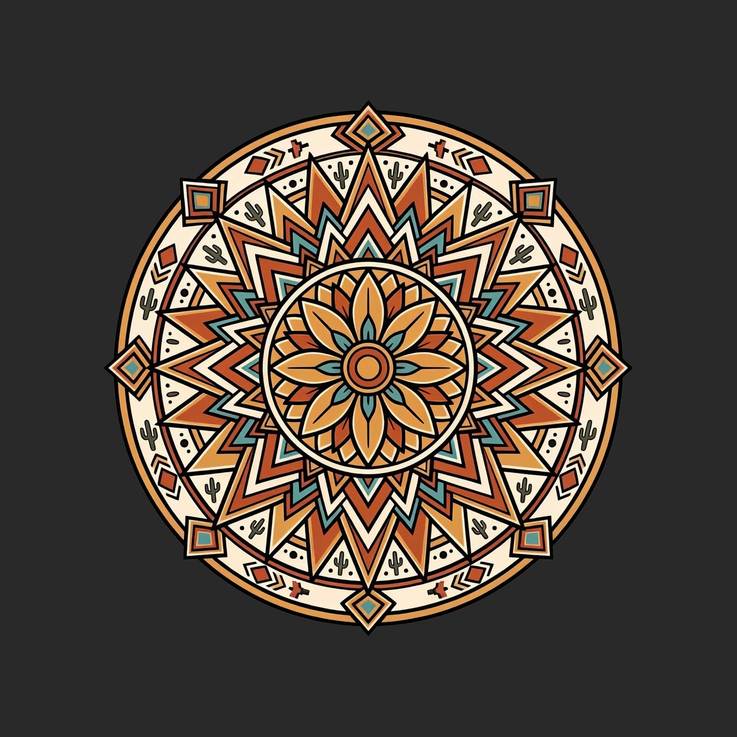 Close-up of the Desert Sunburst Mandala design on a Dark Grey tee