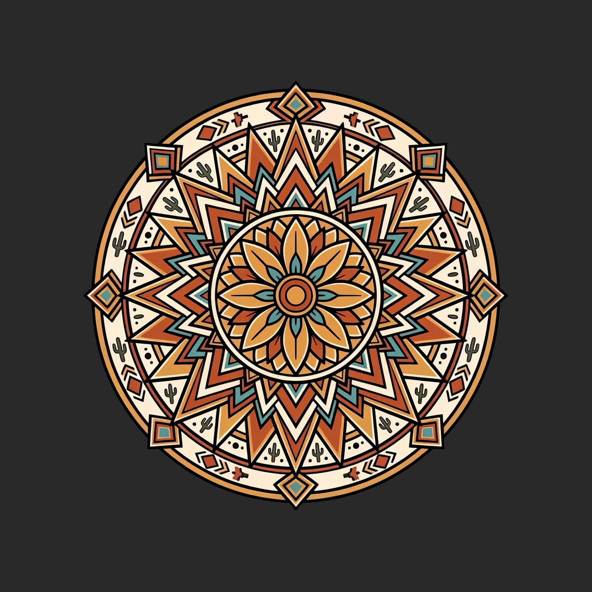 Close-up of the Desert Sunburst Mandala design on a Dark Grey tee