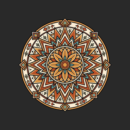 Close-up of the Desert Sunburst Mandala design on a Dark Grey tee